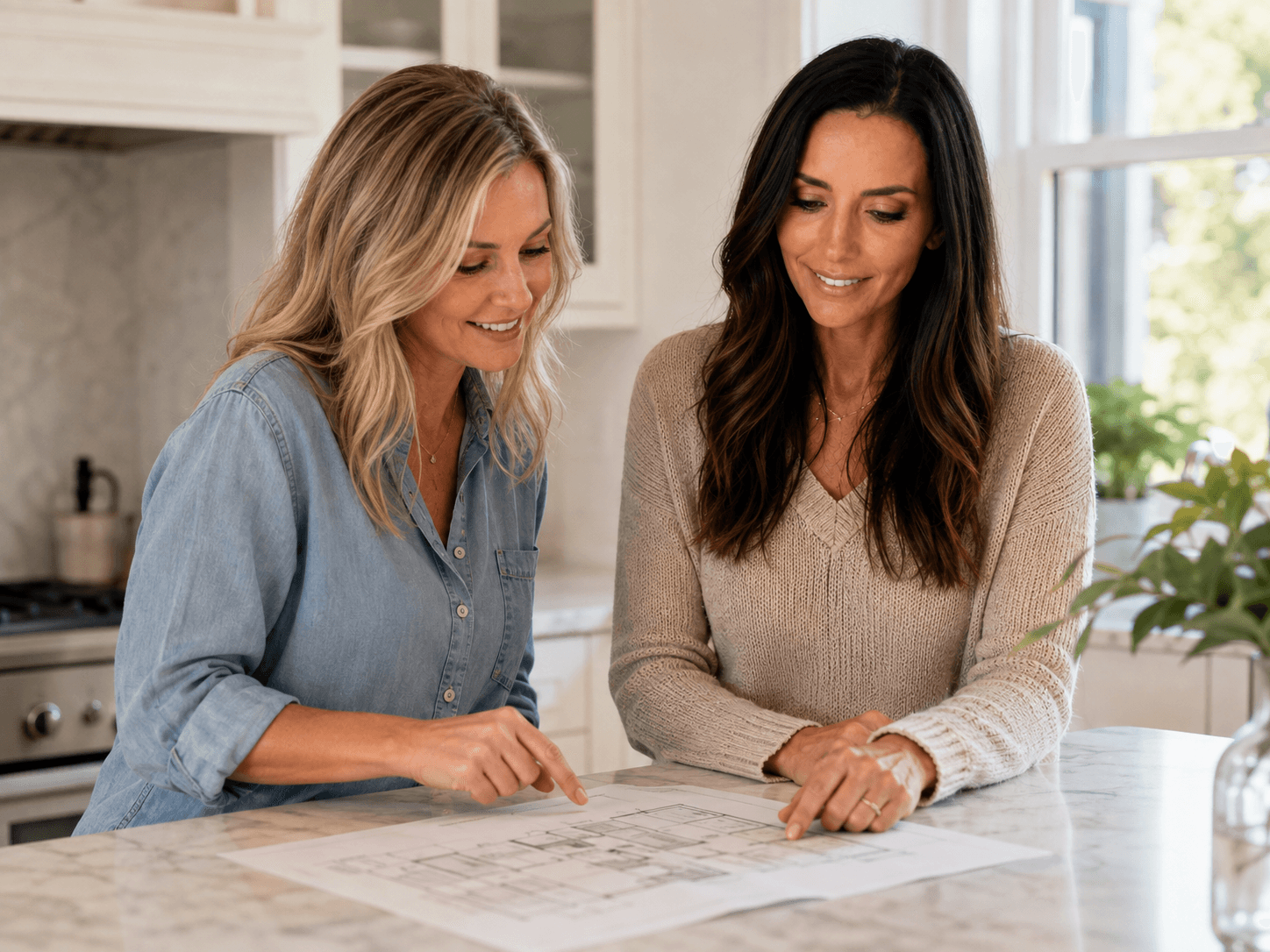 Two smiling women reviewing architectural blueprints on a marble counter in a bright modern kitchen.