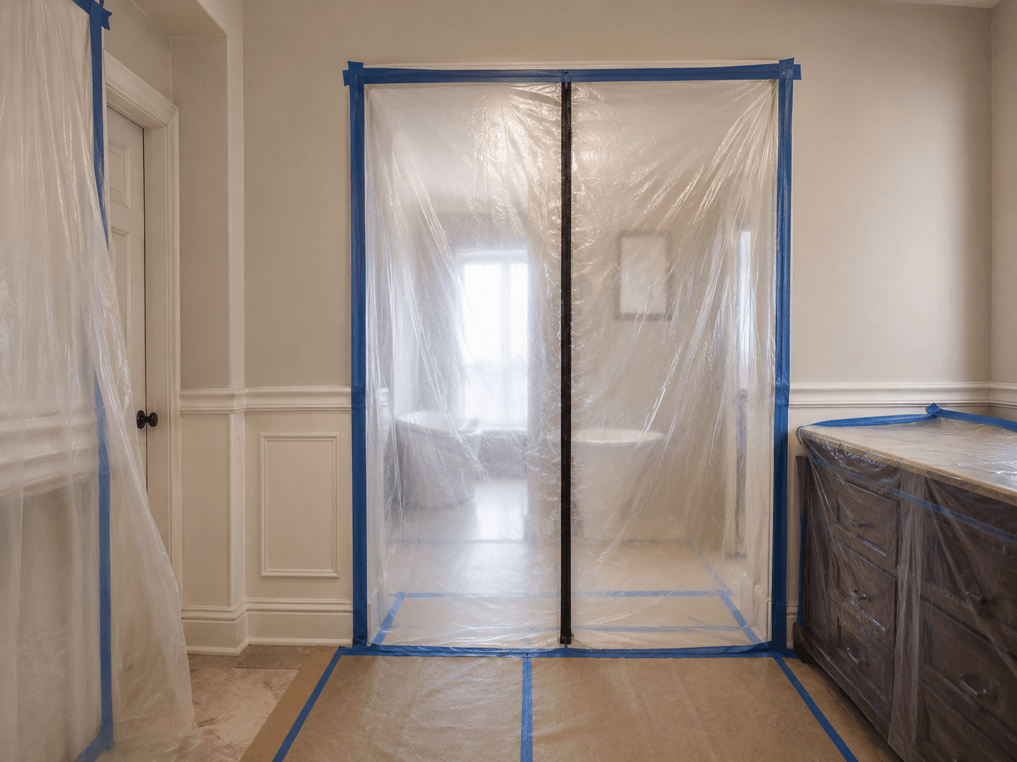Clear plastic zippered dust barrier taped over a doorway during a home renovation project.