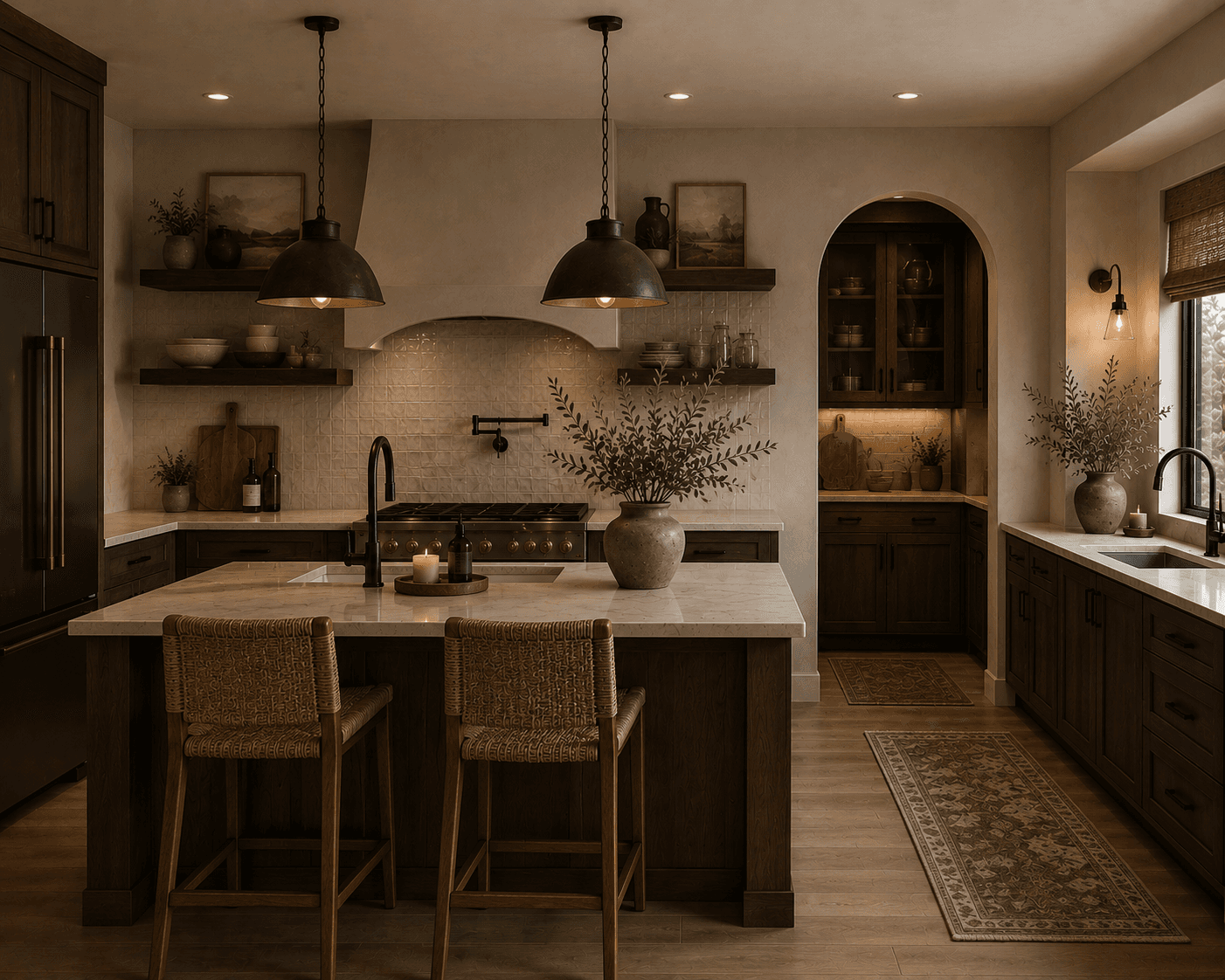 Moody rustic kitchen with marble island, woven barstools, dark cabinetry, and warm pendant lighting.