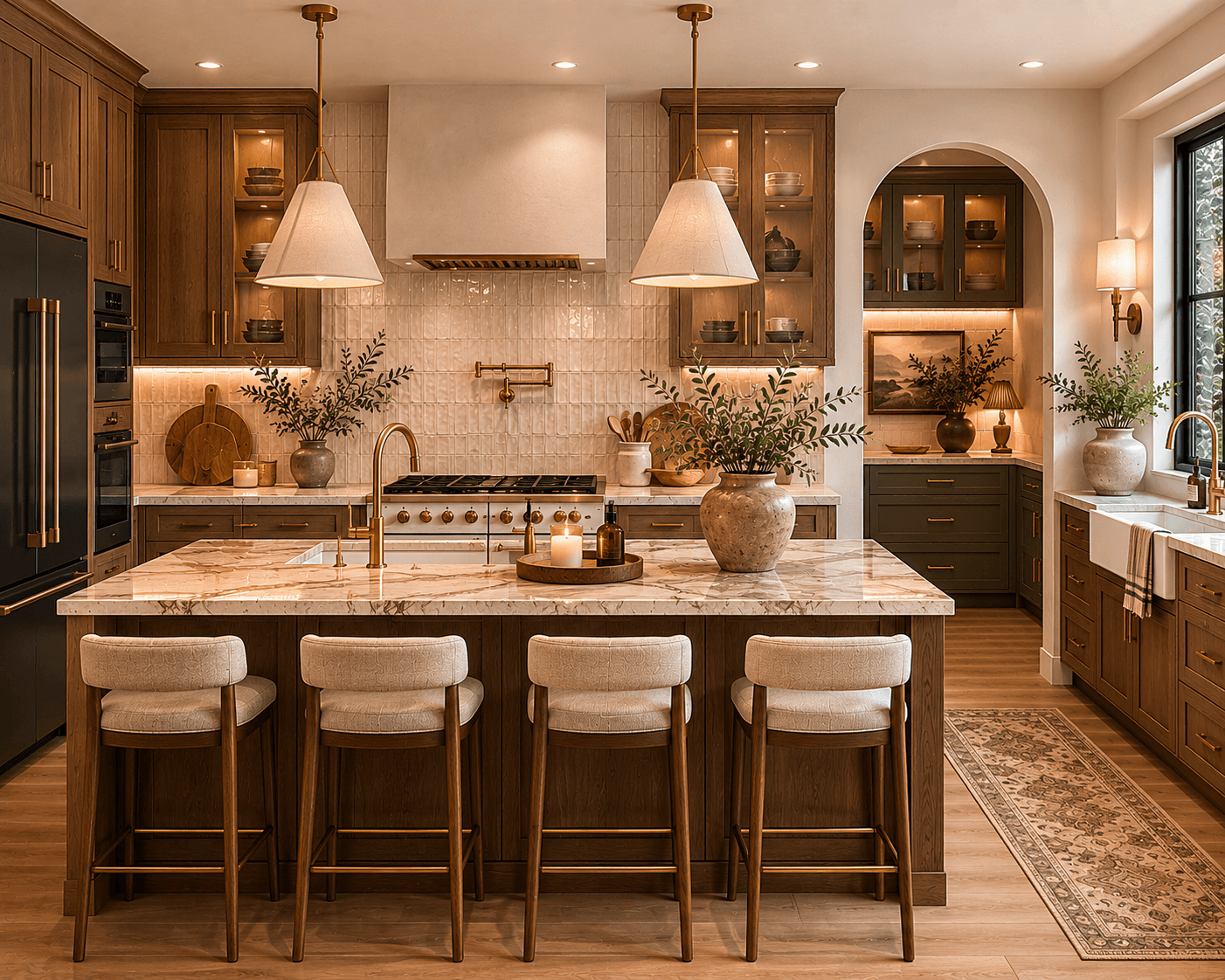 Luxurious kitchen featuring a marble island, four bar stools, wood cabinetry, and gold hardware accents.