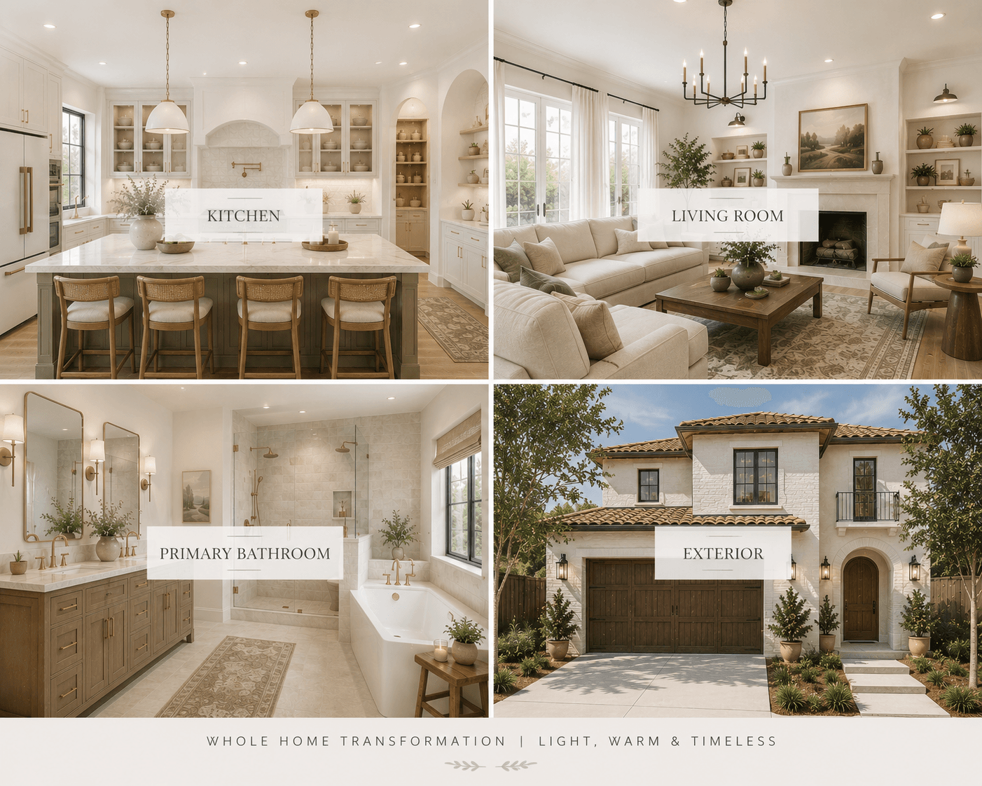 Collage of a light, warm home transformation featuring a kitchen, living room, bathroom, and exterior.