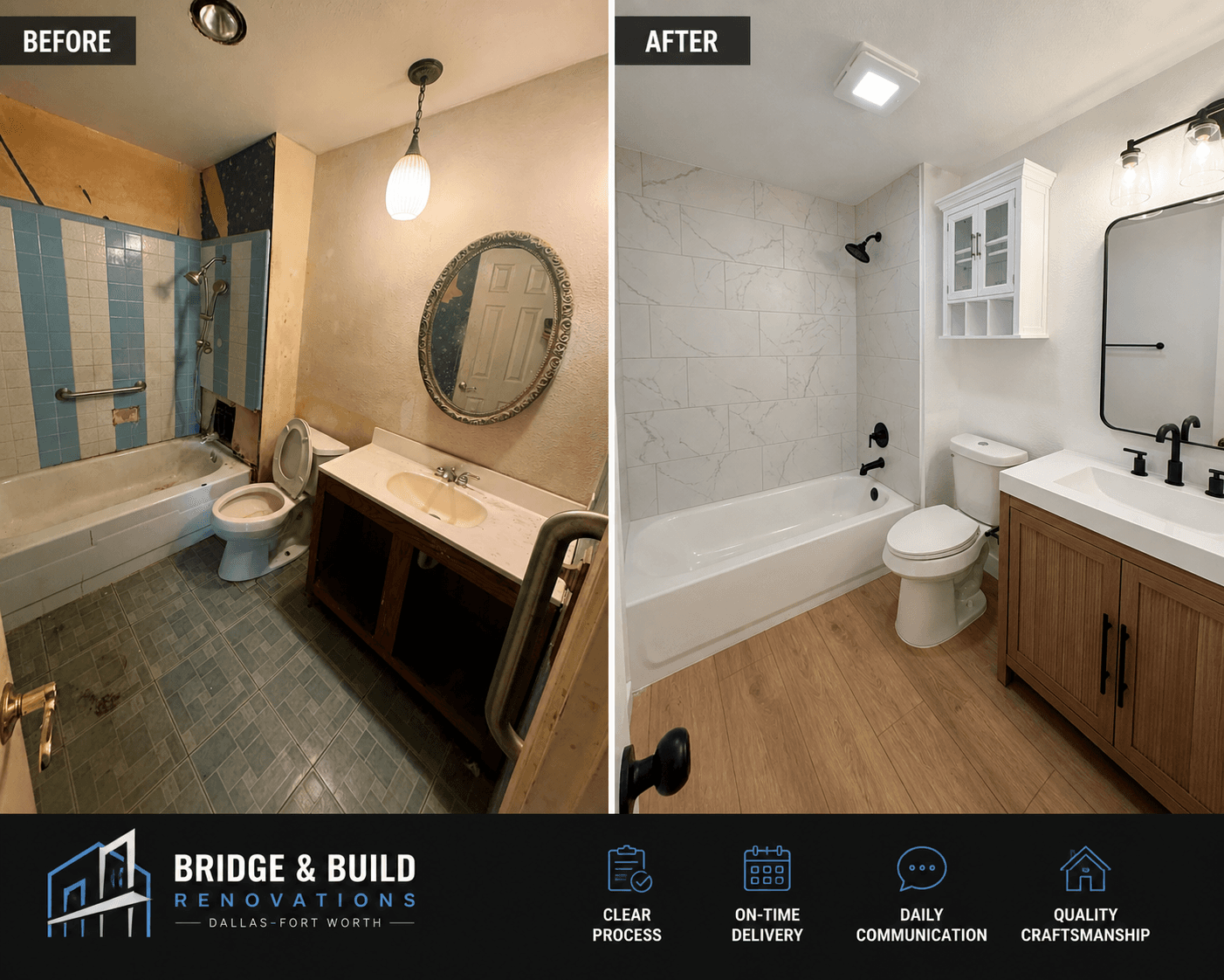 Before and after comparison of a bathroom renovation featuring white marble tiles and wood flooring.