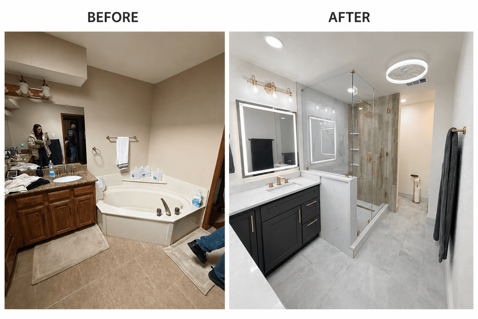 Before and after bathroom renovation featuring modern glass shower, dark vanity, and gold hardware.