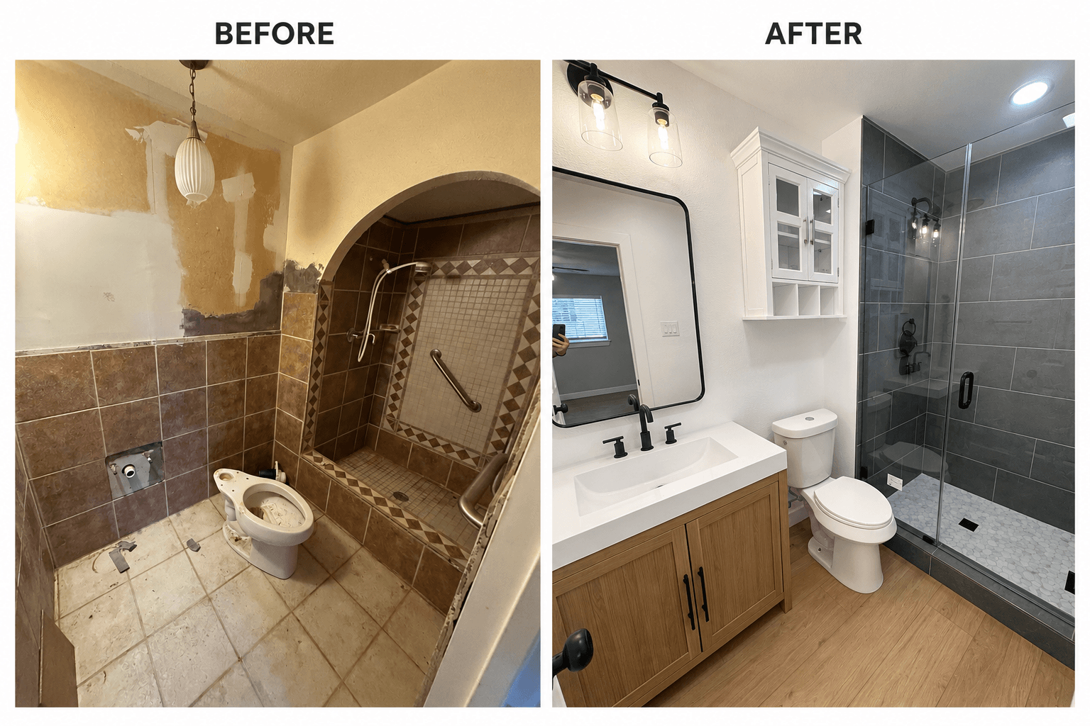 Dated brown bathroom transformed into a modern space with a new vanity and glass shower.