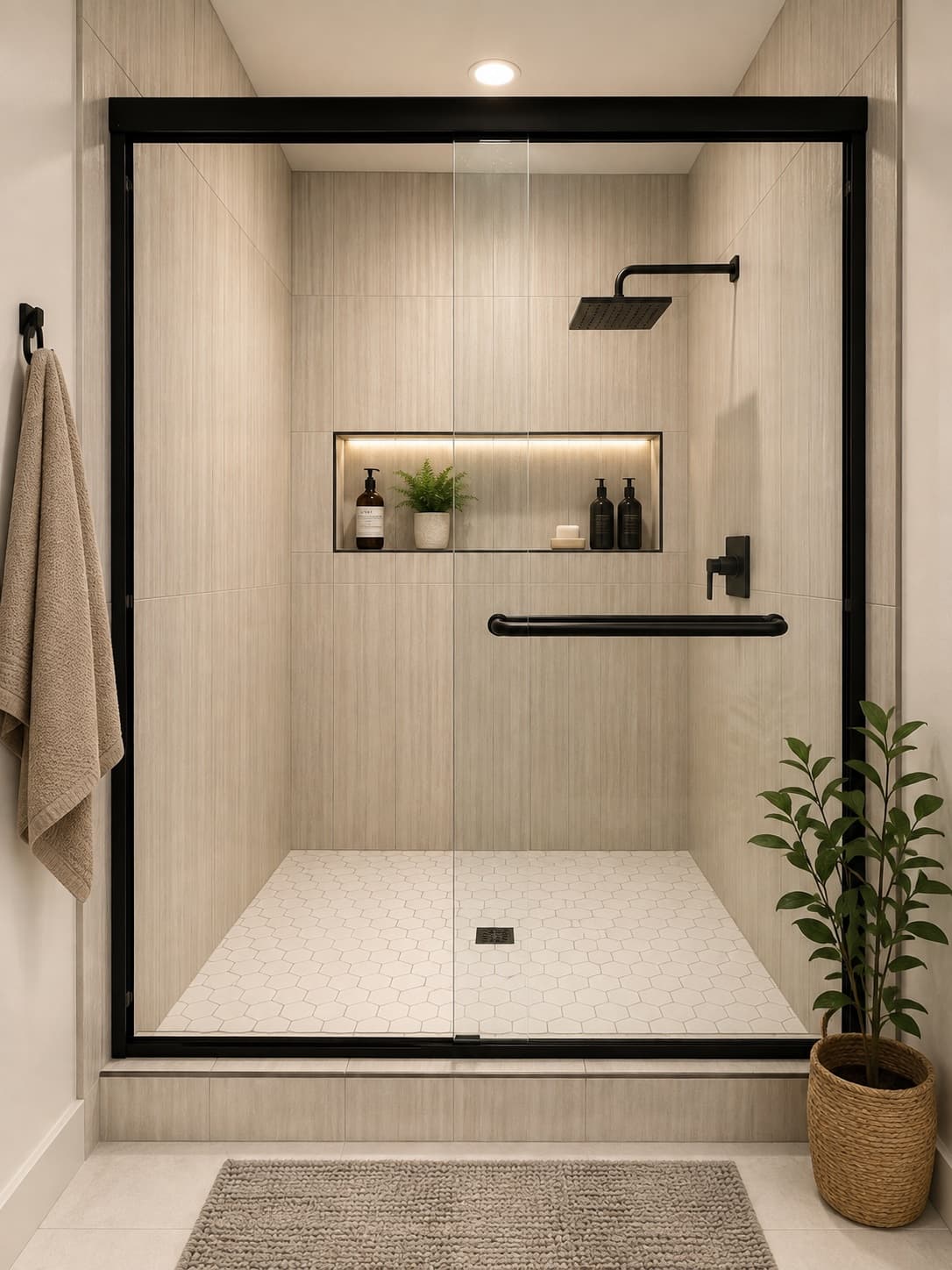 Modern walk-in shower featuring black fixtures, beige tiles, white hexagonal floor, and lighted niche.
