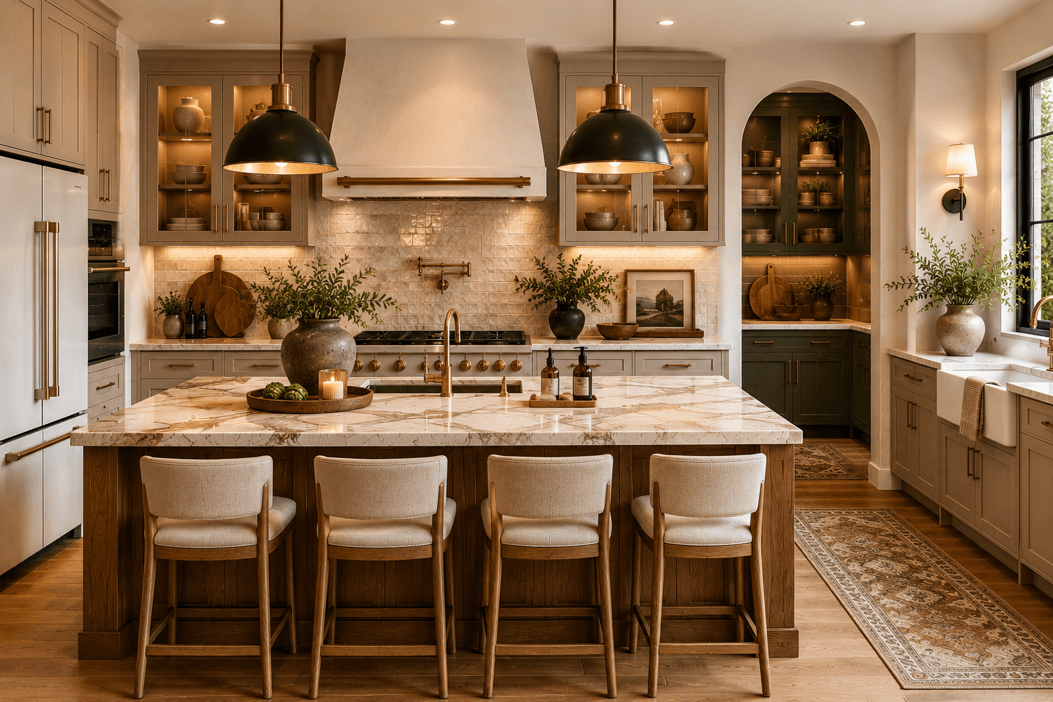 Elegant kitchen featuring a marble island with four stools, warm lighting, and sophisticated cabinetry.