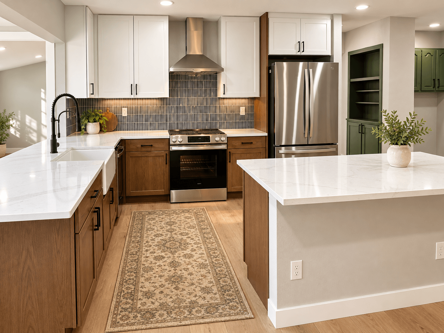 Modern kitchen featuring two-tone cabinetry, stainless steel appliances, quartz countertops, and a patterned runner.