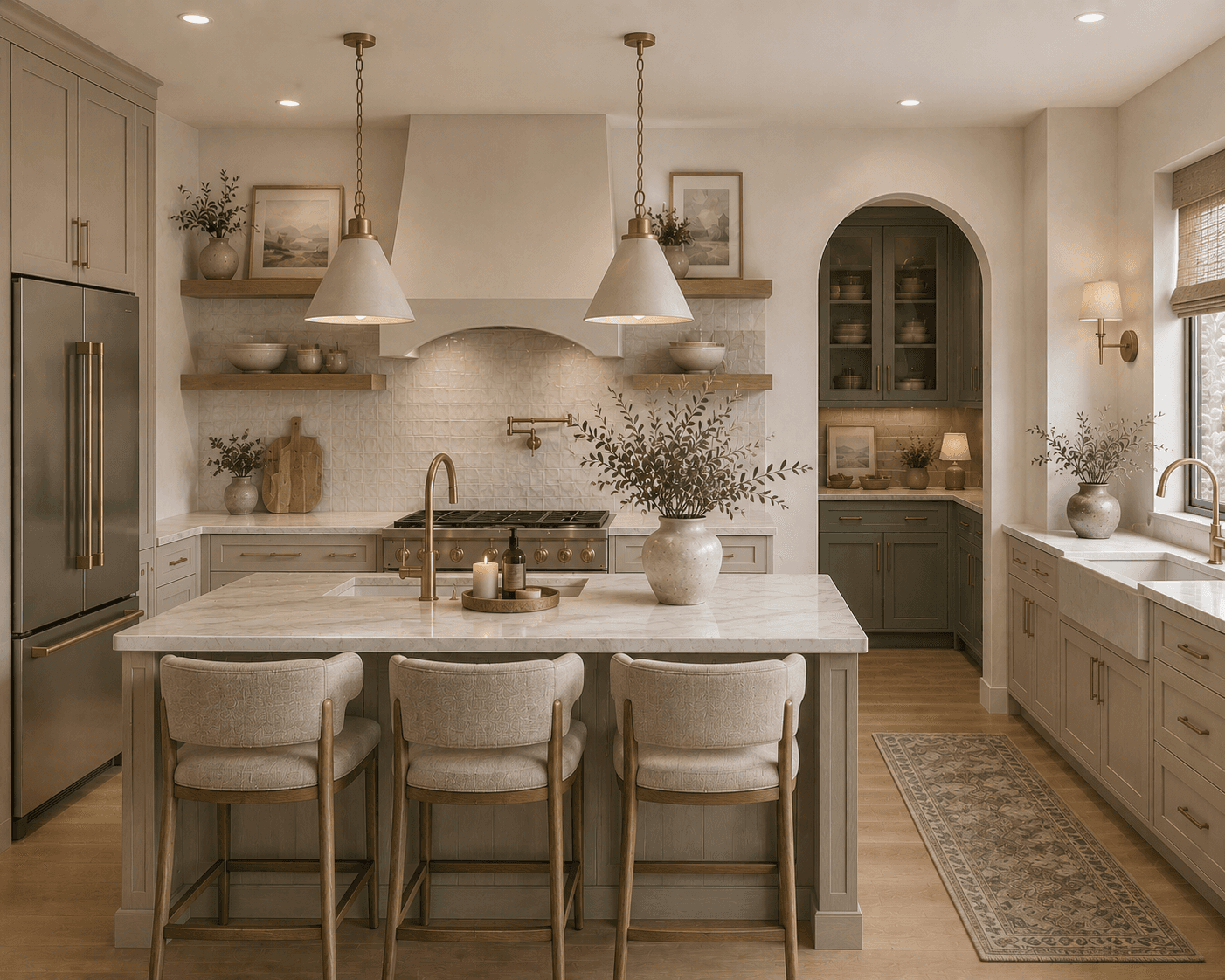 Elegant kitchen featuring a marble island, three bar stools, gold accents, and arched pantry.