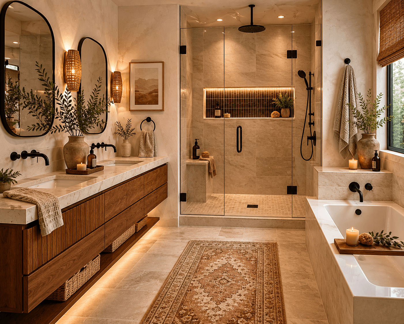 Luxurious spa-like bathroom with double wood vanity, glass shower, bathtub, and warm ambient lighting.