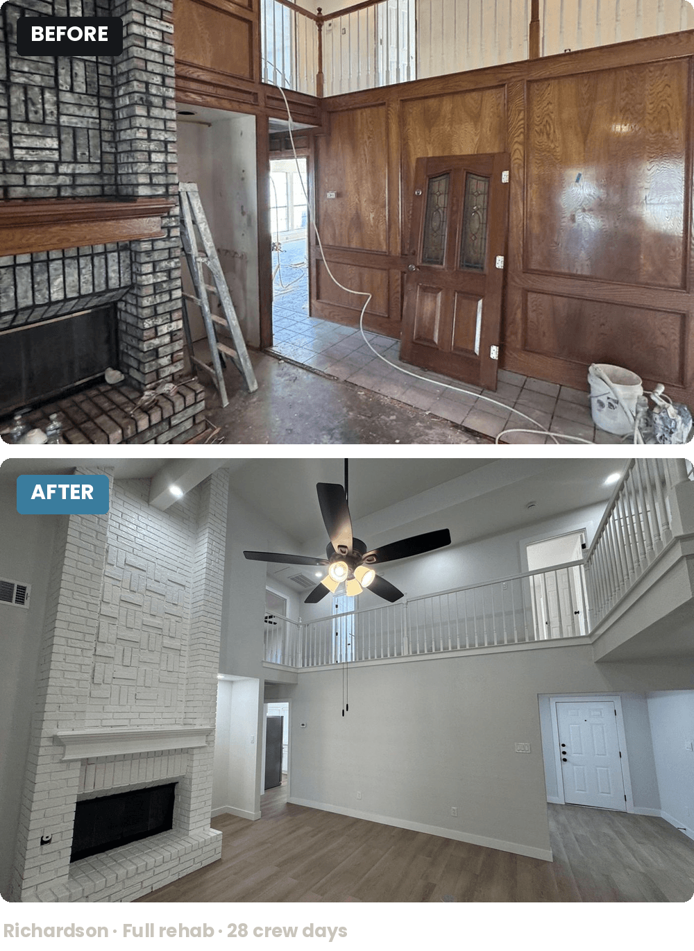 Before and after comparison of a dark wood room renovated into a bright, modern white space.
