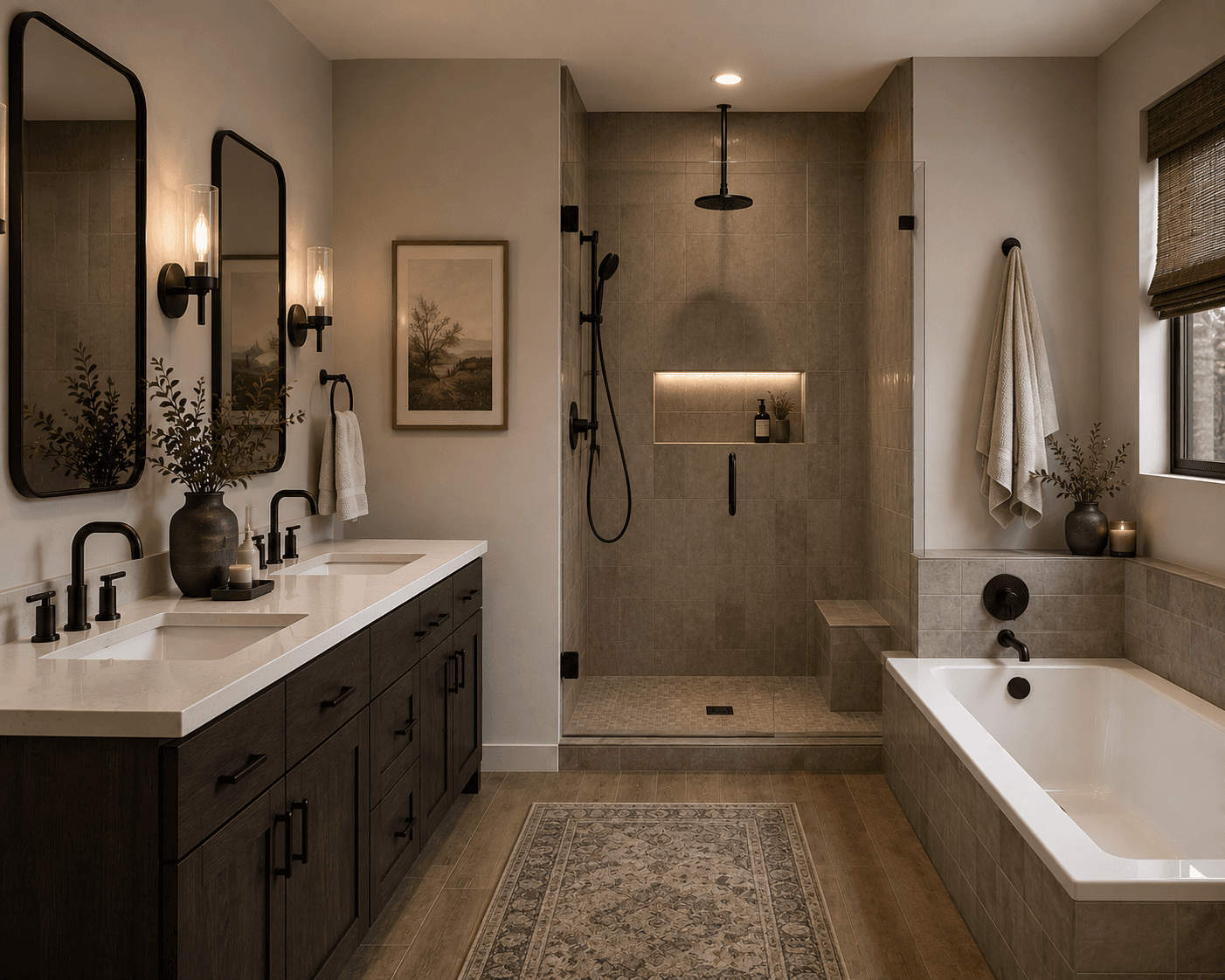 Modern neutral bathroom with dark wood double vanity, glass walk-in shower, and built-in bathtub.