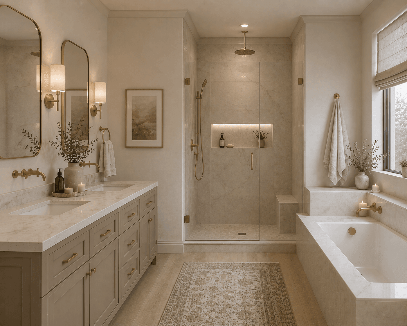 Luxurious neutral bathroom featuring a double vanity, glass shower, soaking tub, and gold fixtures.