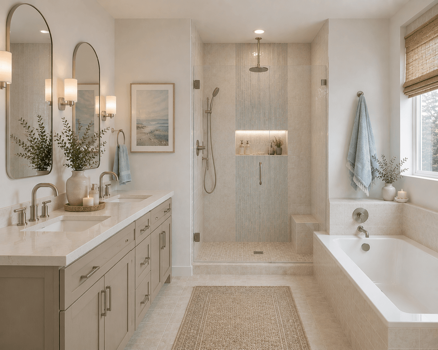 Modern bathroom featuring a double vanity, walk-in glass shower, and bathtub in neutral tones.