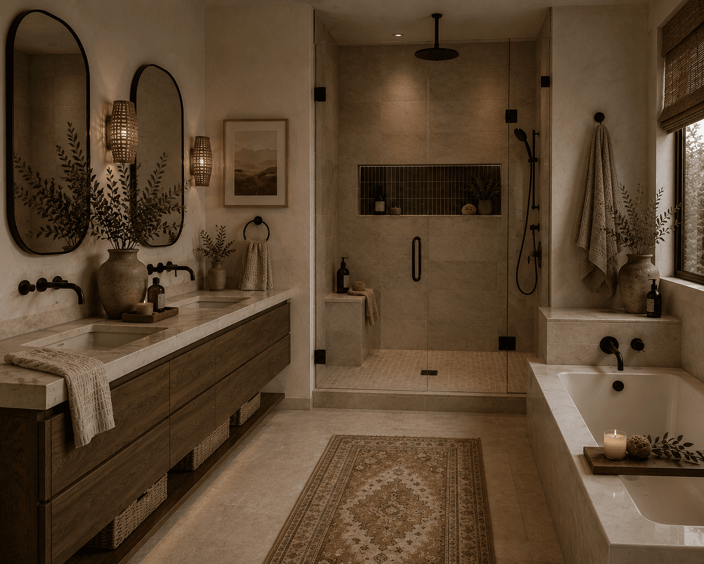 Luxurious bathroom with double wood vanity, glass shower, and bathtub in warm ambient lighting.