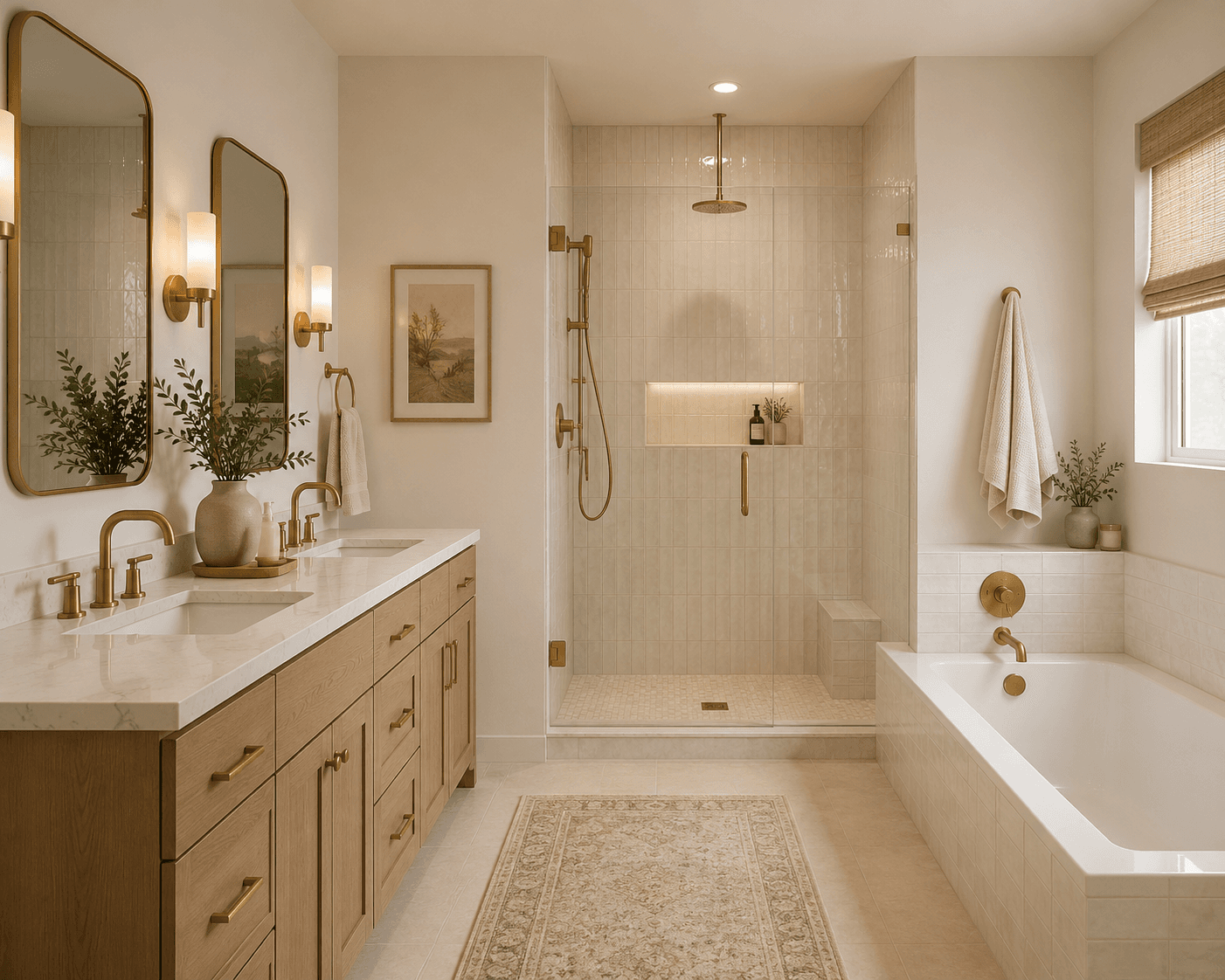 Modern bathroom featuring a wood double vanity, gold fixtures, glass shower, and a white bathtub.